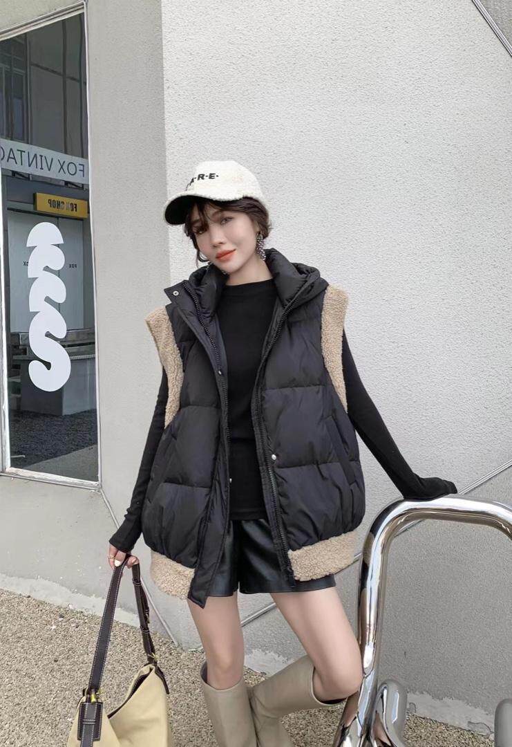爱美欧，现货，羊羔毛拼接羽绒马甲，女装马甲，爱美欧
