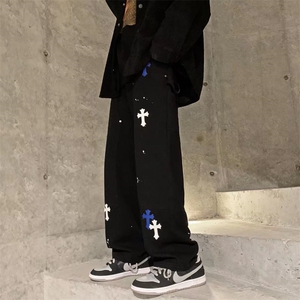 美式高街牛仔裤男欧美hiphop潮牌工装十字架滑板裤子vibe阔腿长裤图片