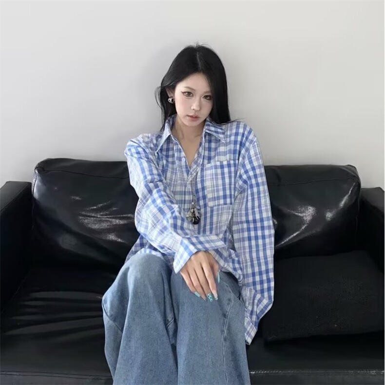 慵懒美式复古慵懒风撞色格子衬衫外套男女学院风宽松防晒长袖衬衣,男装防晒衣,星座1210-1