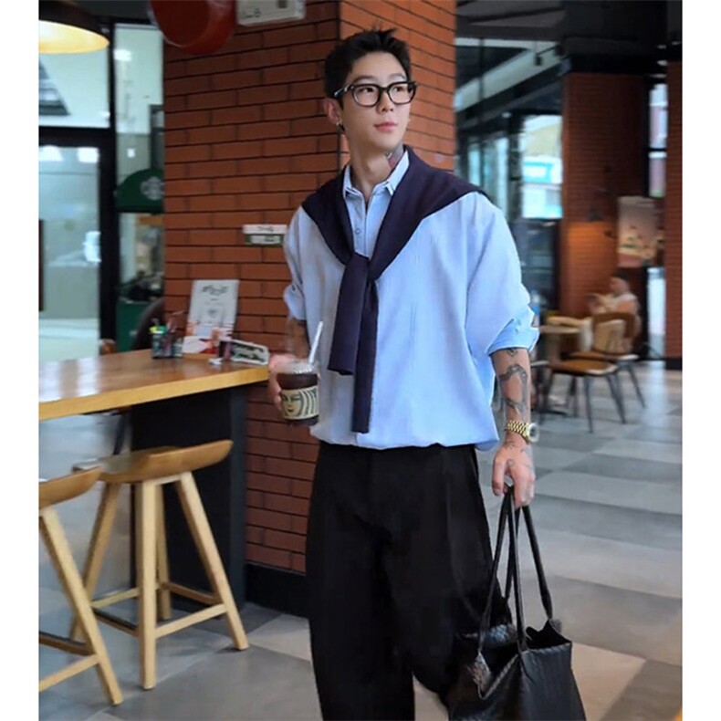 抖音得物品质二开春装美式潮牌披肩条纹长袖衬衫男女休闲宽松衬衣,男装衬衫,电商A443