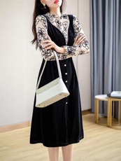 金丝绒拼提花网纱连衣裙 M~3XL，女装连衣裙，炅缇恩