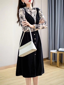 金丝绒拼提花网纱连衣裙 M~3XL,女装连衣裙,炅缇恩