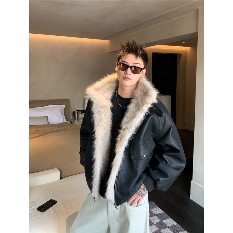 美式复古座山雕毛领皮衣棉服情侣装冬季加厚保暖短款皮毛一体外套，男装皮衣，星座506A