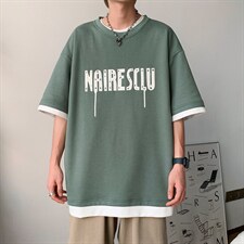 新款夏季短袖珠地面料宽松发泡字母假两件男士T恤ZDY3411-P50图片