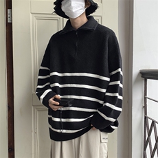 秋冬加厚慵懒风针织衫半拉链翻领男毛衣休闲条纹针织衫M2209-p65，男装针织衫/毛衣，星座1212