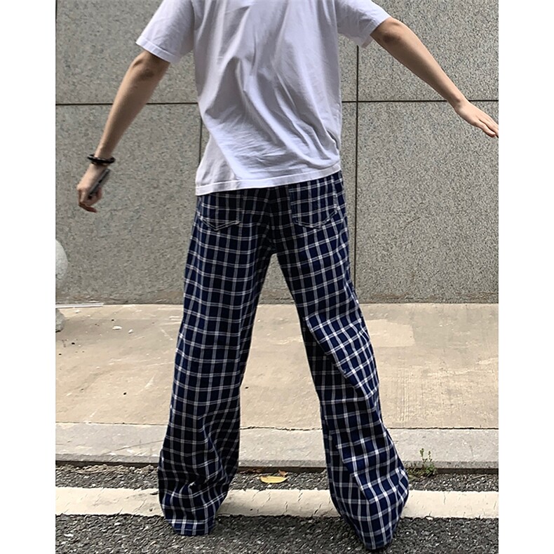 美式高街潮牌男女泡泡格子休闲裤直筒宽松慵懒显瘦阔腿休闲长裤子,男装休闲裤,电商A443