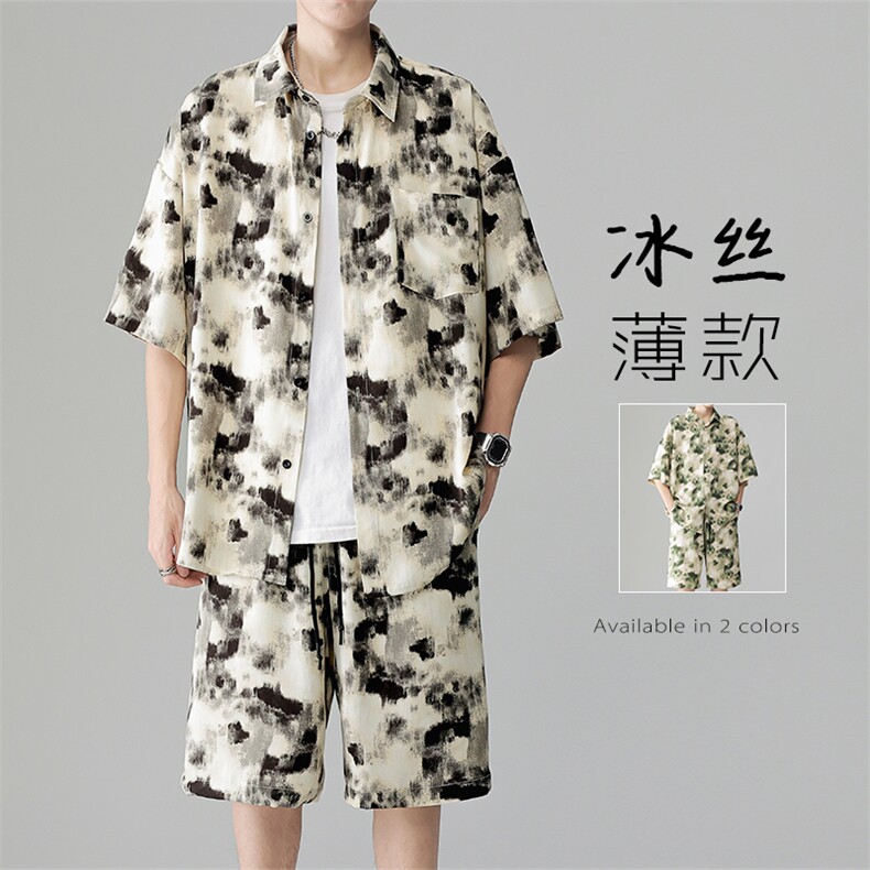夏新滑料冰丝垂感短袖衬衫短裤男休闲大码薄款两件套装TZ085-P60图片