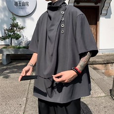 夏季港风纯白色排扣短袖t恤男潮ins宽松日系半袖体恤，男装T恤，星座716-3