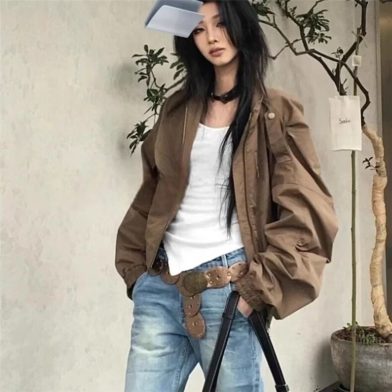 美式复古卡其色立领工装夹克男女cleanfit高级感短宽巴恩风外套潮,男装夹克,星座506A