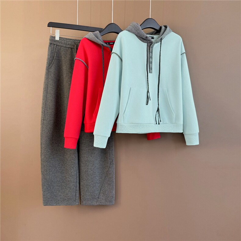 网红时尚休闲套装女秋季新款撞色麻花连帽长袖卫衣阔腿长裤两件套，女装套装/套裙，江南