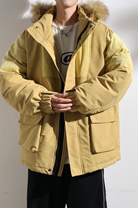港风2026新品冬季宽松撞色棉服派克服毛领冬装加厚外套D009-P145图片