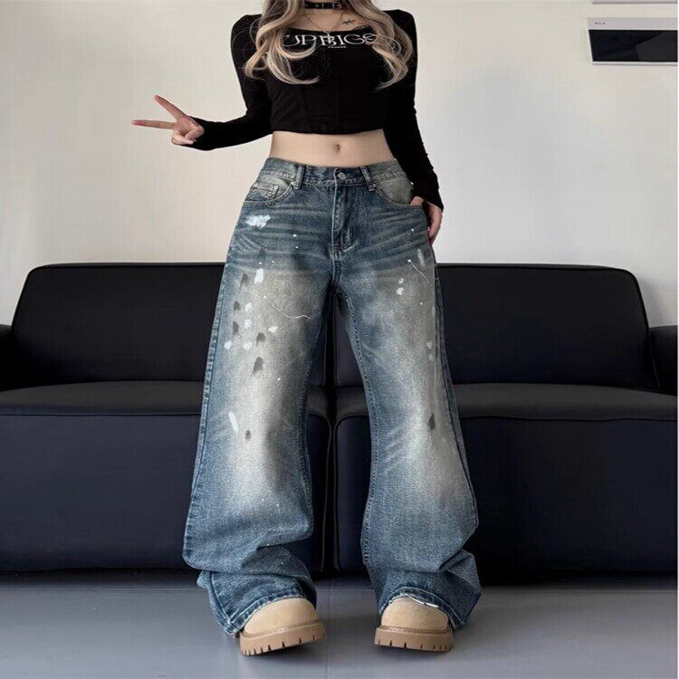 美式复古cleanfit泼墨牛仔裤男女潮宽松直筒阔腿欧美休闲拖地裤子，女装休闲裤，星座218-8