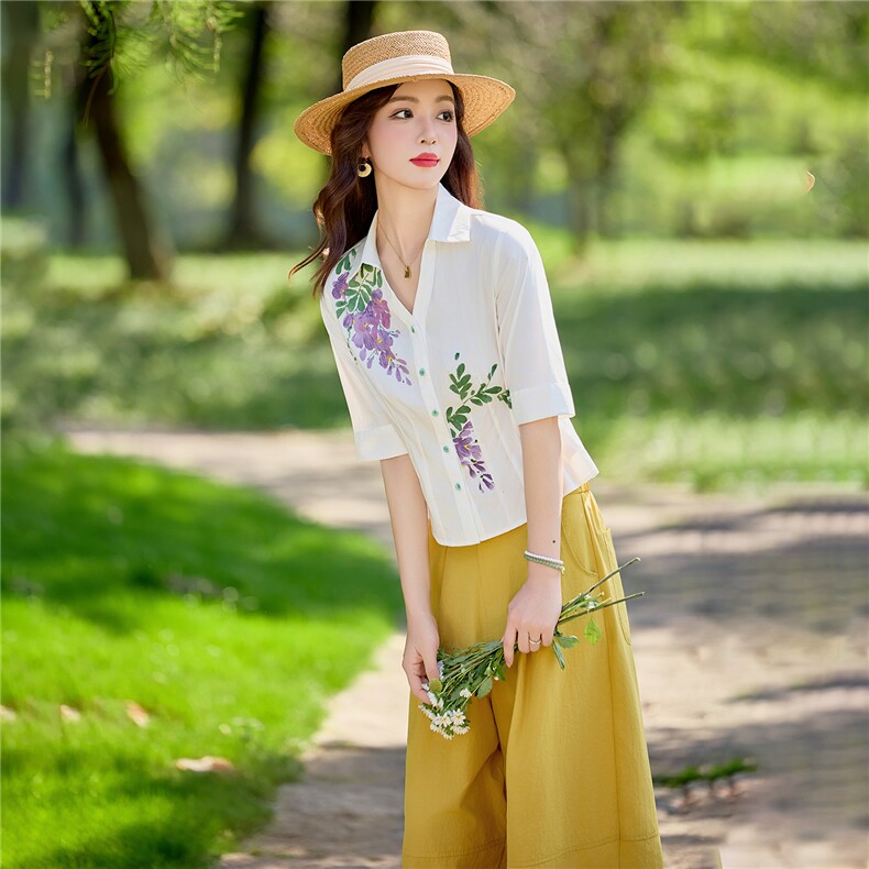 轻熟风时尚小翻领衬衫套装女2026夏气质绣花上衣阔腿裤两件套,女装套装/套裙,水衣源
