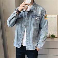JK822-p90-限价138 现货店主风牛仔夹克肥仔量足破洞印花大码图片