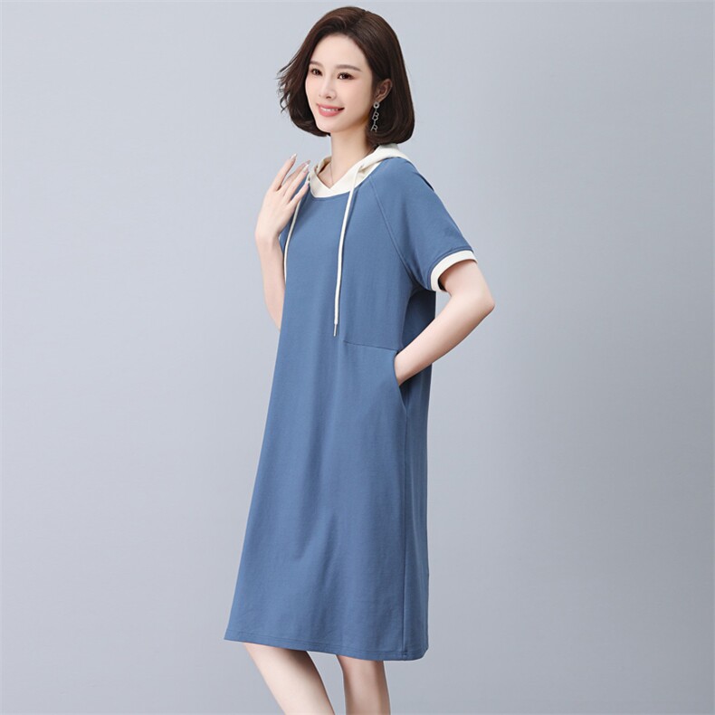 纯棉t恤裙女夏季长款过膝纯色休闲大码连帽连衣裙女显瘦洋气翻领,女装连衣裙,依恋蒂丝