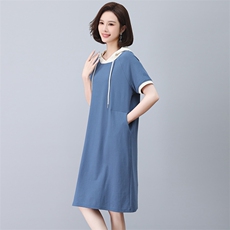 纯棉t恤裙女夏季长款过膝纯色休闲大码连帽连衣裙女显瘦洋气翻领，女装连衣裙，依恋蒂丝