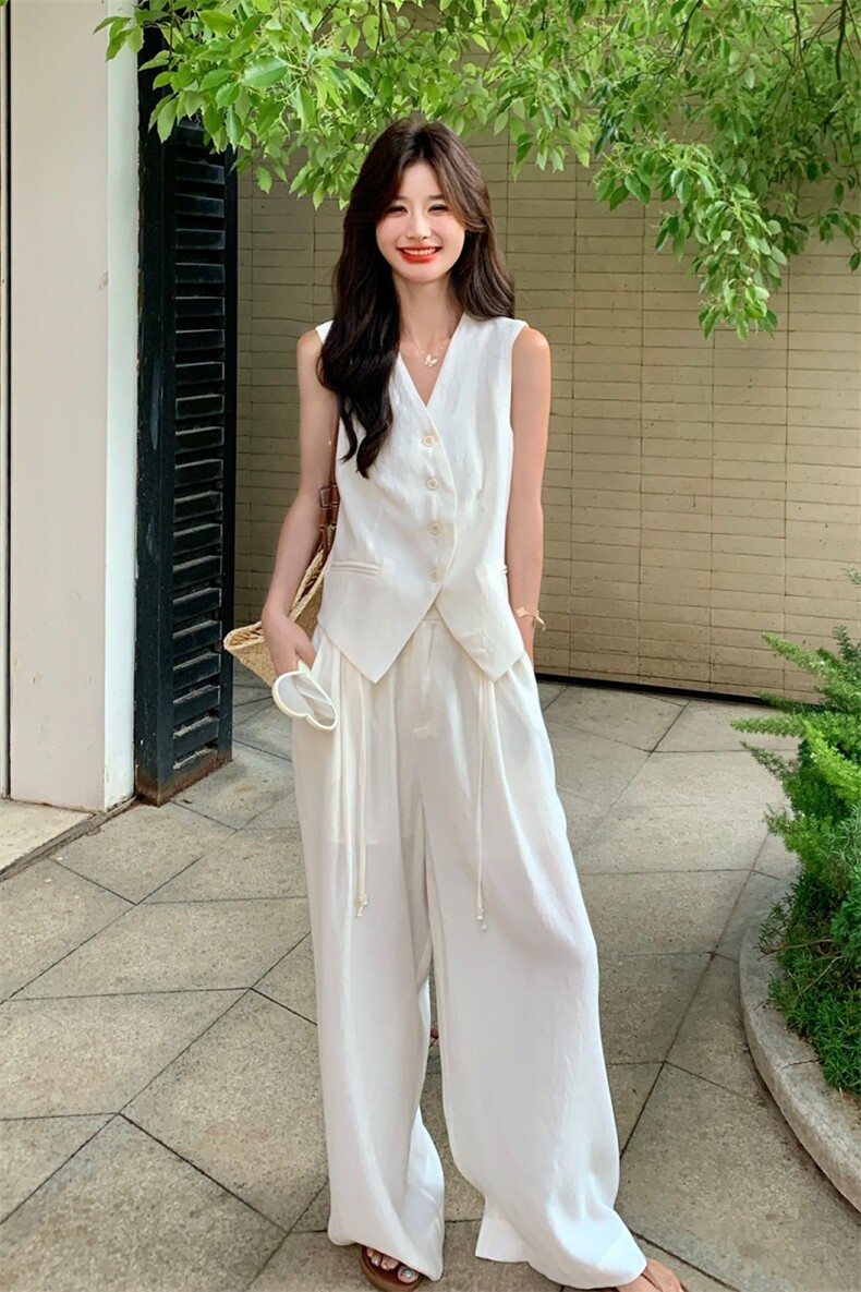 高级感时尚气质马甲套装女2025夏季新款通勤休闲高腰阔腿裤两件套,女装套装/套裙,欣美人