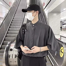 短袖衬衫男士设计感高级垂感新中式男装风无领衬衣CSL120，男装T恤，星座516A