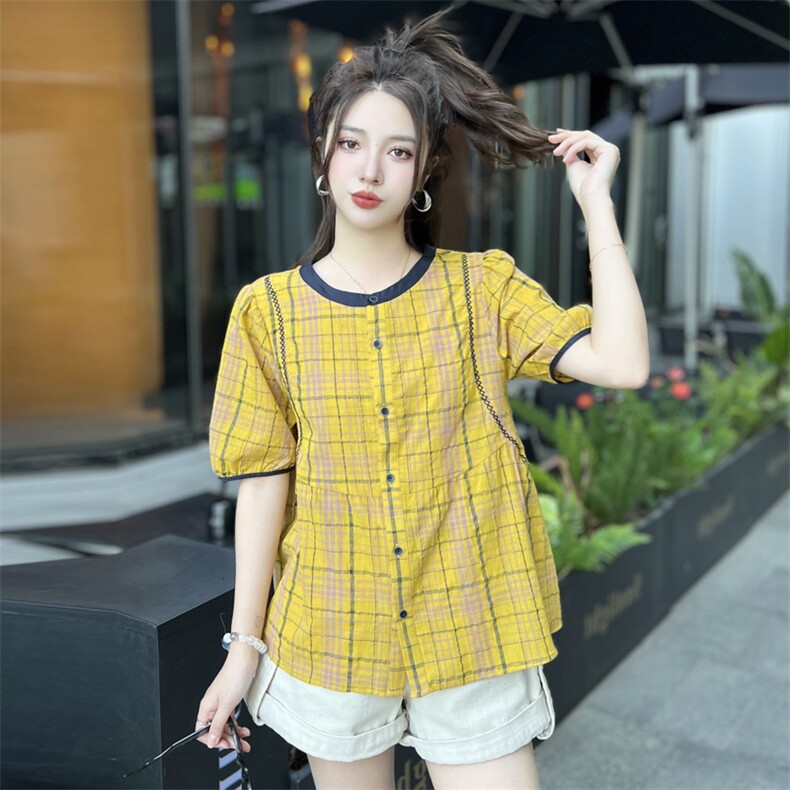现货2025夏季新款时尚简约洋气格子领撞色短袖衬衫,女装衬衫,深水步