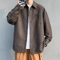 磨毛格子衬衫外套男春秋长袖宽松慵懒风男生复古外穿衬衣C907/P52，男装衬衫，星座506