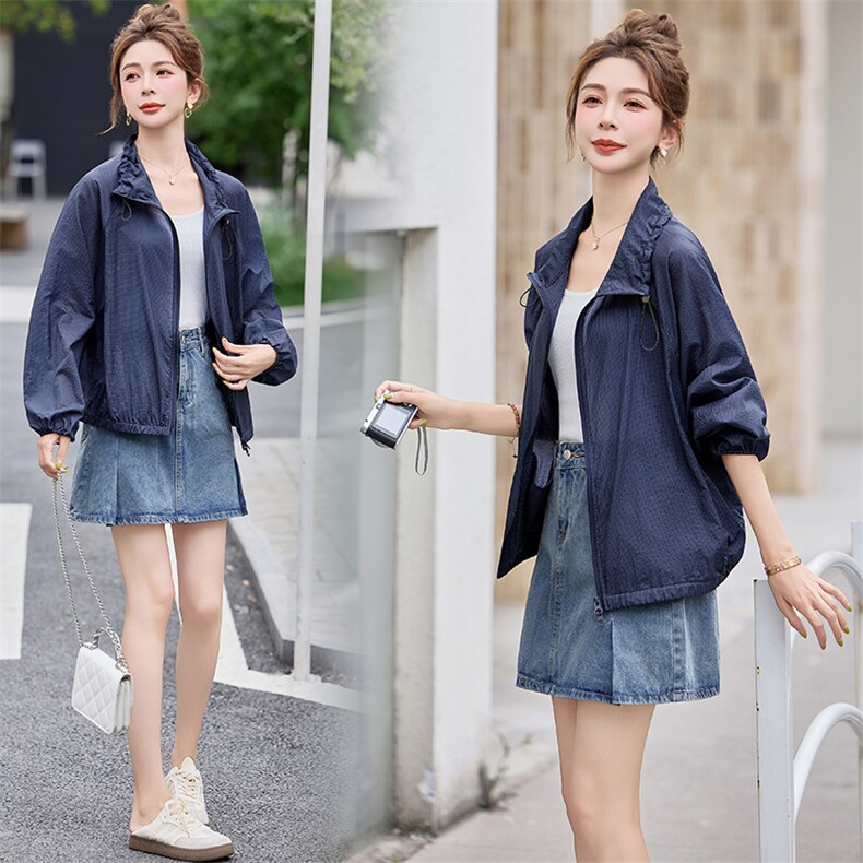 高级感格纹休闲轻薄外套女2025春秋新款宽松百搭长袖防晒夹克上衣，女装防晒衣，米莱