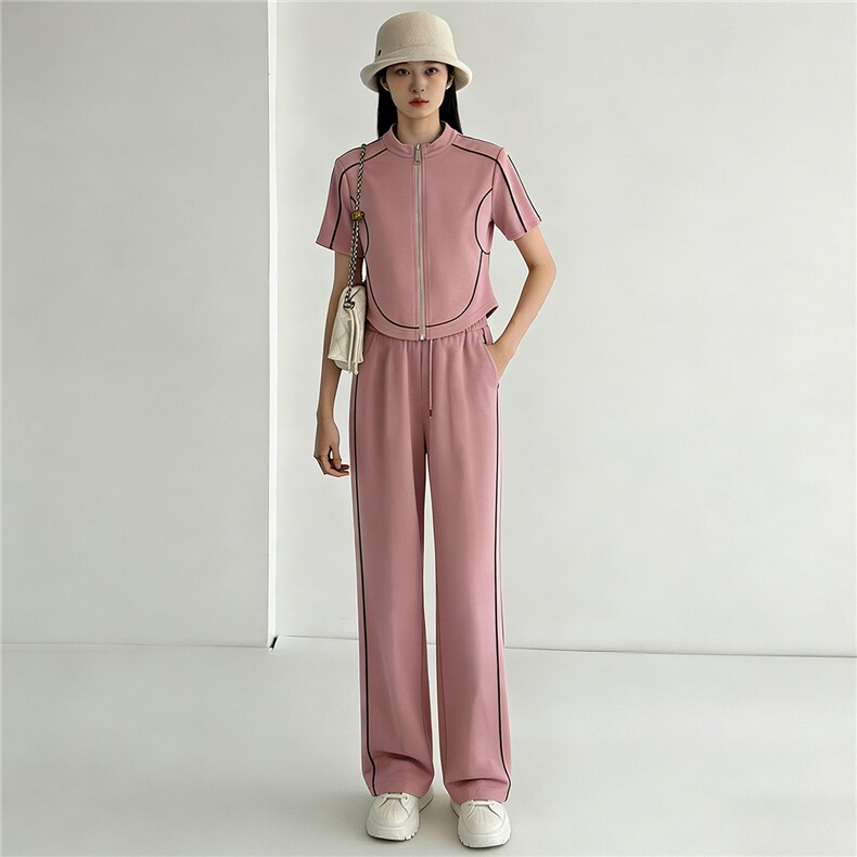 小香风时尚运动套装女夏新款韩版气质短袖拉链开衫阔腿长裤两件套,女装套装/套裙,江南