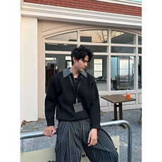 重磅北极绒假两件衬衫领毛衣美式高街复古休闲慵懒纯色翻领针织衫，男装针织衫/毛衣，电商A486