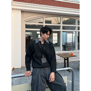 重磅北极绒假两件衬衫领毛衣美式高街复古休闲慵懒纯色翻领针织衫图片