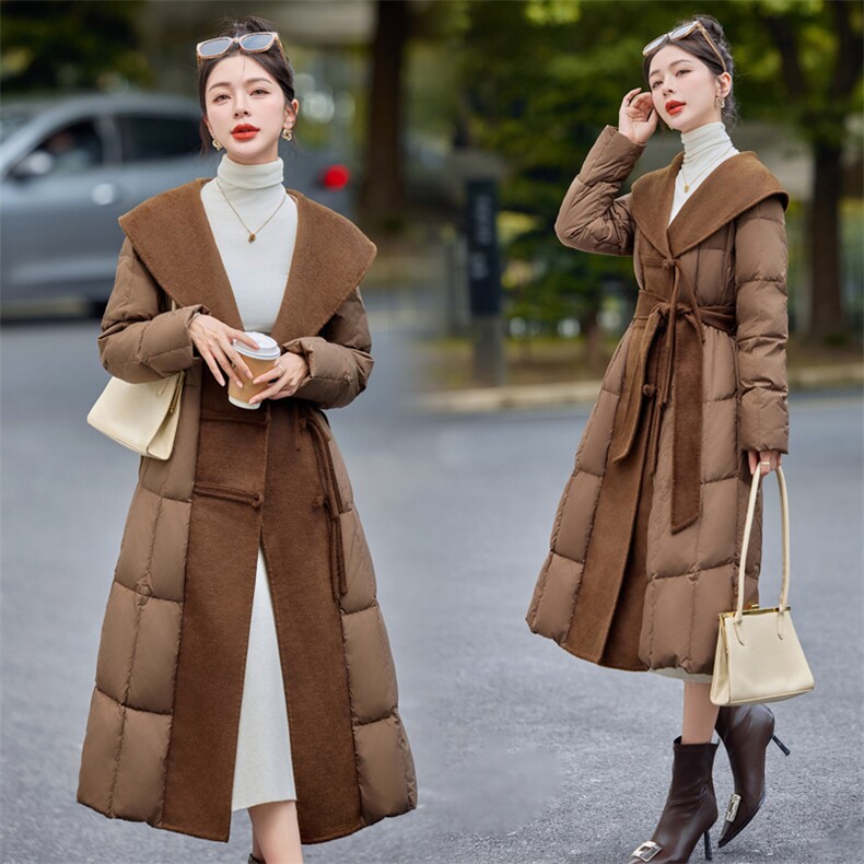 【bao款现货】2024新款冬装新中式盘扣拼接双面羊绒羽绒服白鸭绒,女装羽绒服,雅静靓衣