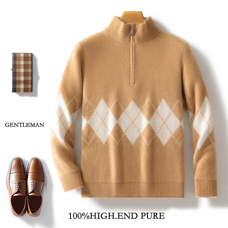 100%纯羊毛衫男士半高领加厚菱形拼色针织毛衣宽松休闲羊绒衫打底，男装羊毛衫，邓利维