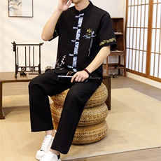 潮风套装男新中式短袖衬衫时尚休闲长裤两件套JZ303-P63，男装T恤，星座310B-3