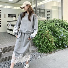 高级灰时尚拼蕾丝钩花长袖卫衣半身裙女春季新款学院风，女装运动套装，帛香坊