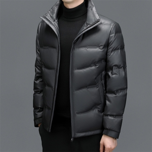 羽绒服男立领皮夹克爸爸冬装中年皮衣加厚保暖轻薄皮衣外套图片