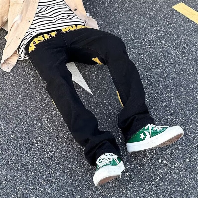 欧美vibe风潮高街字母植绒刺绣牛仔裤男ins潮牌宽松裤K3041-P58,男装牛仔裤,星座412-3