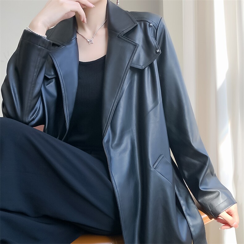 2025年夏季长袖长款修身型翻领入手B备秋冬王炸单品皮衣,女装皮衣,佳绒高端店