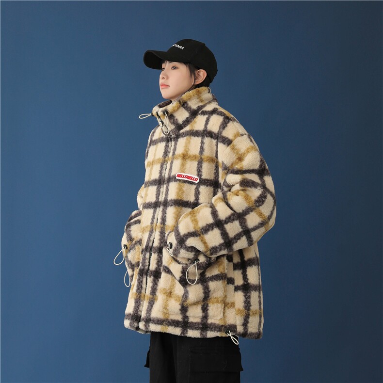 黄色格子羊羔毛大口袋外套男女冬季宽松短款加厚棉服mj400-p138,男装夹克,电商B288