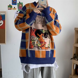 秋冬趣味印花情侣毛衣韩版宽松潮流格男女套头ins针织衫T810图片