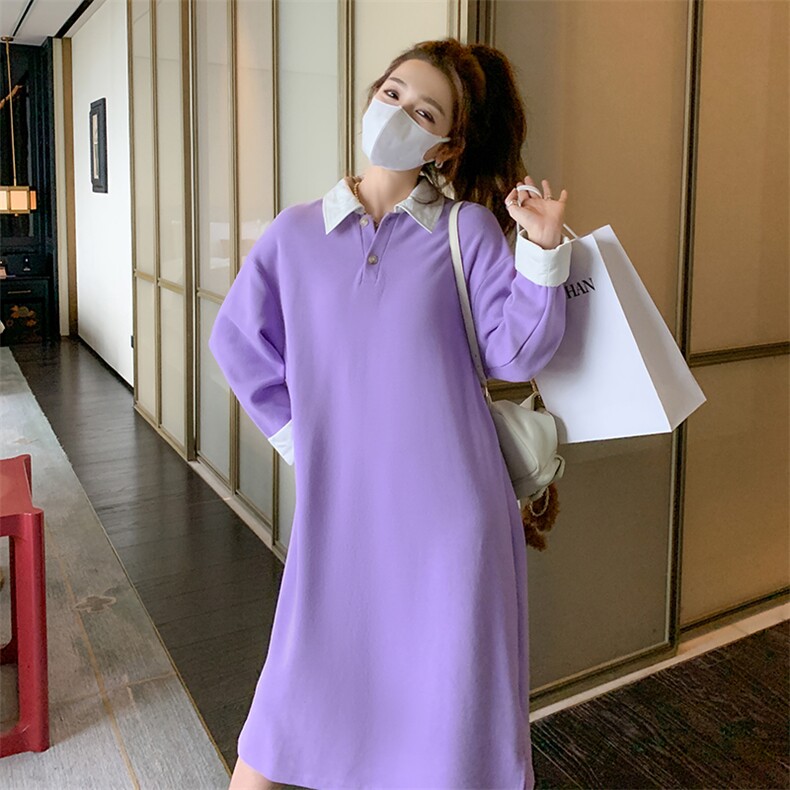 紫色时尚减龄宽松卫衣连衣裙女2023年春季新款韩版慵懒风百搭长裙,女装连衣裙,2C088