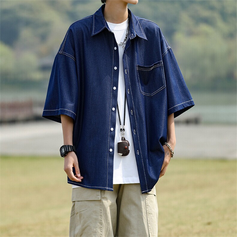 8XL-M 冰丝牛仔短袖衬衫男款夏季薄款宽松慵懒衬衣外套DC28006P60图片