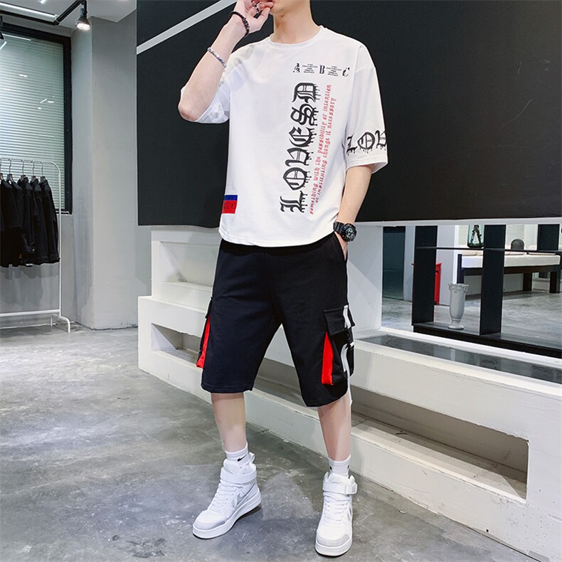夏季新款短袖T恤短裤套装运动休闲宽松潮流两件套男装F178P70,男装休闲套装,电商A086