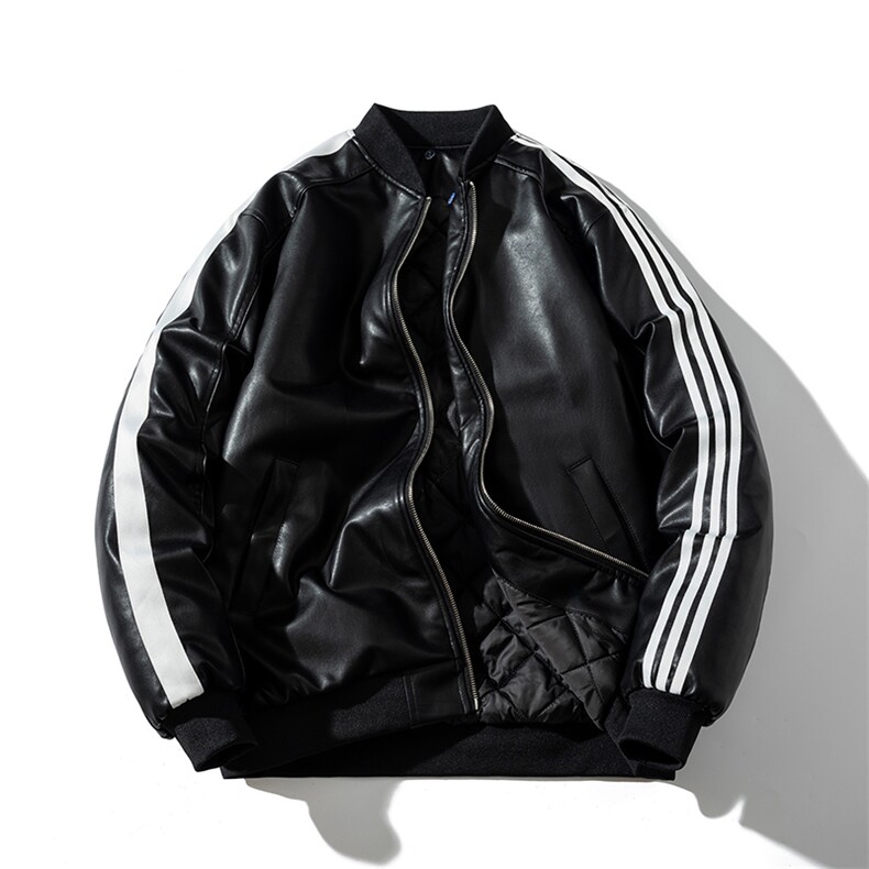 现货三条杠袖子PU皮棒球服外套秋冬棉服带帽可拆卸,男装棉衣,电商A105