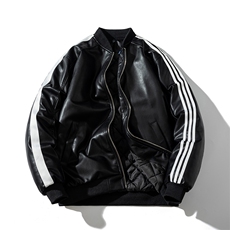现货三条杠袖子PU皮棒球服外套秋冬棉服带帽可拆卸，男装棉衣，电商A105