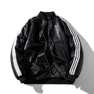 现货 三条杠袖子PU皮棒球服外套秋冬棉服带帽可拆卸图片