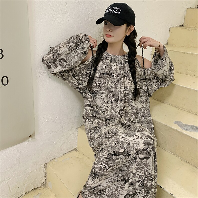 【2025春季新款】水墨画露肩宽松休闲连衣裙2C037217P105K158,女装连衣裙,2C037