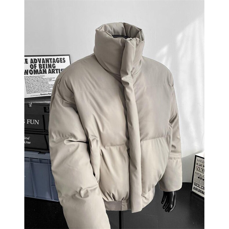 现货5W件冬季三防重磅硬挺boxy短款羽绒立领PU皮棉衣外套加厚棉服，男装棉衣，电商A486-1