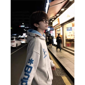 美式高街雪人字母刺绣连帽卫衣男装秋冬重磅宽松百搭情侣外套图片