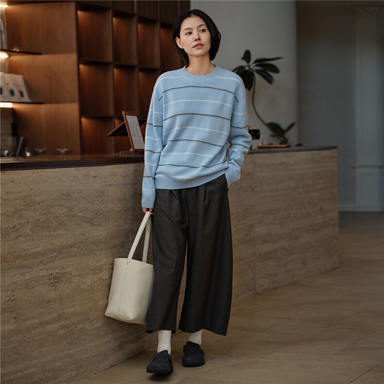 2025秋冬新款女羊绒衫100%纯山羊绒加厚宽松针织衫条纹羊绒套衫,女装羊绒衫,绒知纯羊绒