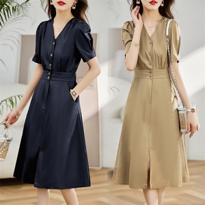 纯棉连衣裙女夏2023新款小个子收腰修身显瘦V领夏季短袖气质裙子,女装连衣裙,姿衣坊