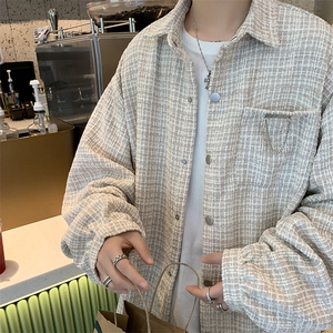 港风秋款男夹克休闲加厚衬衫条纹拼色铁链装饰休闲外套JK97 P65图片