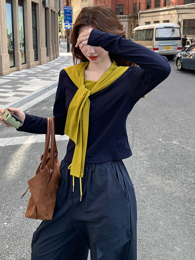 慵懒风撞色披肩长袖上衣工装阔腿裤两件套女2025秋季新款休闲套装,女装套装/套裙,纯色衣恋